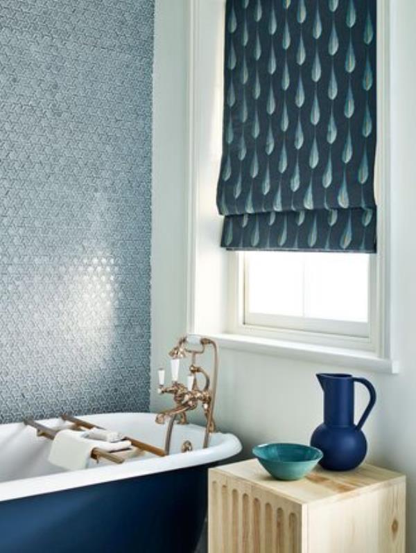 Blinds are practical, hygienic and space saving in bathrooms which are often the smallest room in the home. Plato Midnight Gold fabric by Jane Churchill adds softness and texture with style. Blinds are practical, hygienic and space saving in bathrooms which are often the smallest room in the home. Plato Midnight Gold fabric by Jane Churchill adds softness and texture with style.