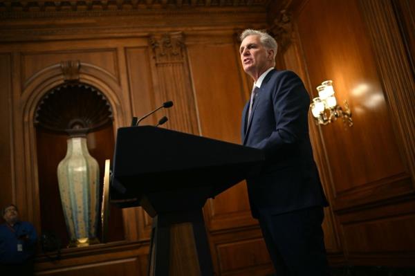 Kevin McCarthy (R-CA) speaks during a press conference in the Rayburn Room at the US Capitol in Washington, DC.